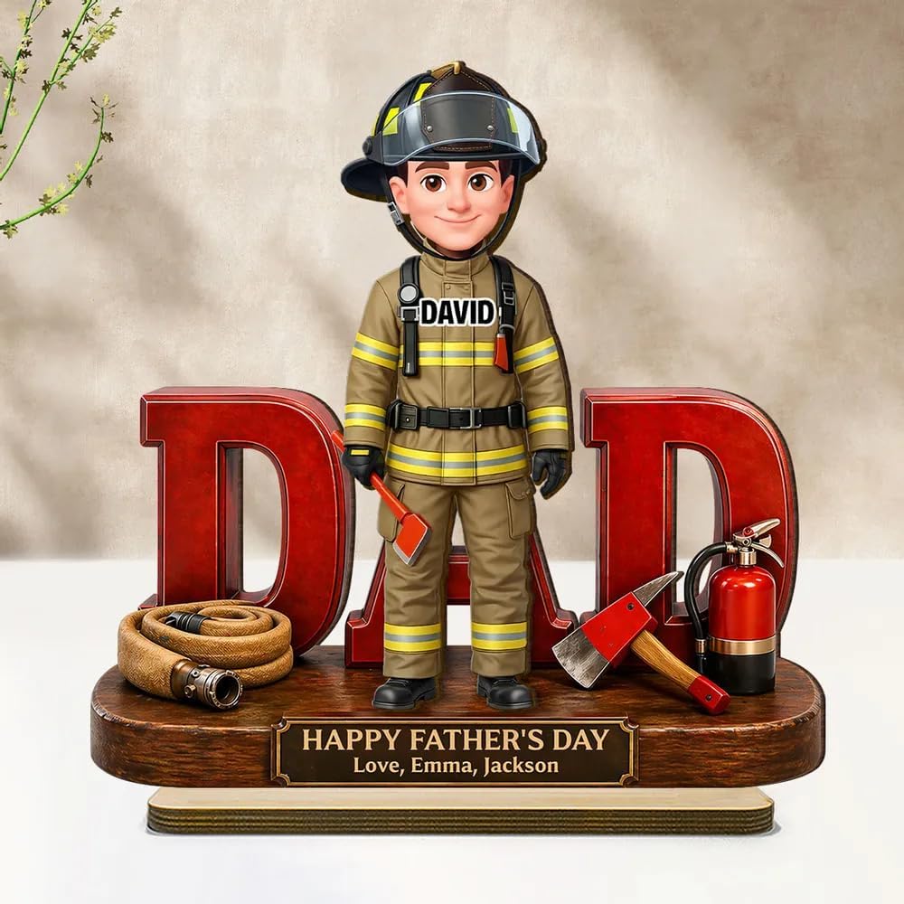 Firefighter Dad Personalized Wooden Plaque, Custom Name Father Gift, Fireman Figurine Desk Decor, Fathers Day Keepsake from Kids, 2 Layer Wooden Stand Gift for Dad, Papa, Grandpa
