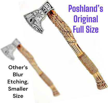 Poshland AX-7000 Custom Gift Forged Carbon Steel Viking Axe with Rose Wood Shaft, Viking Bearded Camping Axe