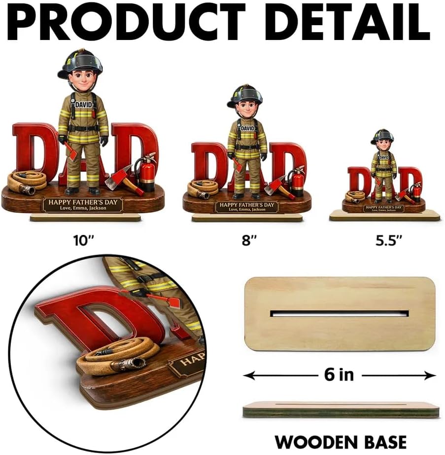 Firefighter Dad Personalized Wooden Plaque, Custom Name Father Gift, Fireman Figurine Desk Decor, Fathers Day Keepsake from Kids, 2 Layer Wooden Stand Gift for Dad, Papa, Grandpa