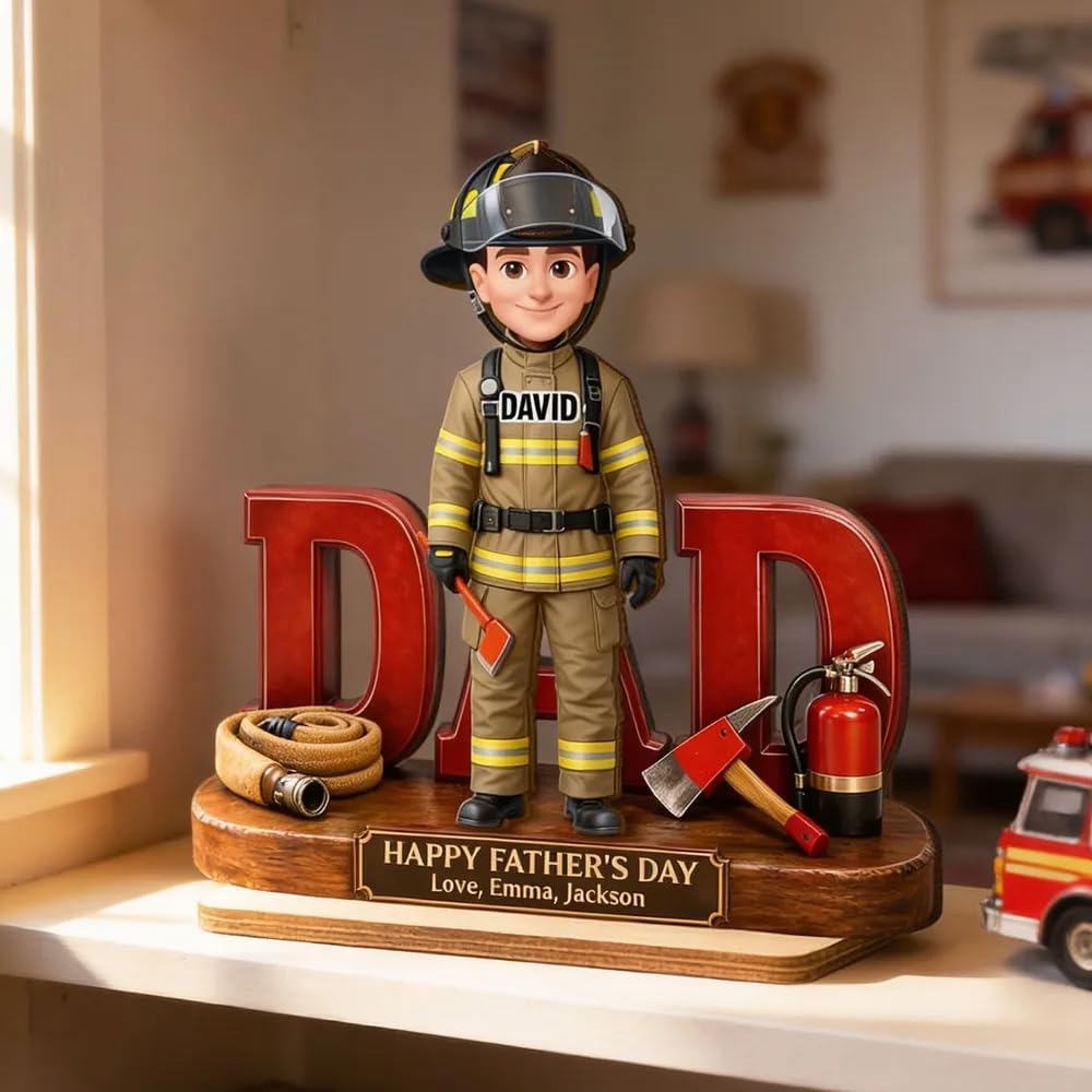 Firefighter Dad Personalized Wooden Plaque, Custom Name Father Gift, Fireman Figurine Desk Decor, Fathers Day Keepsake from Kids, 2 Layer Wooden Stand Gift for Dad, Papa, Grandpa