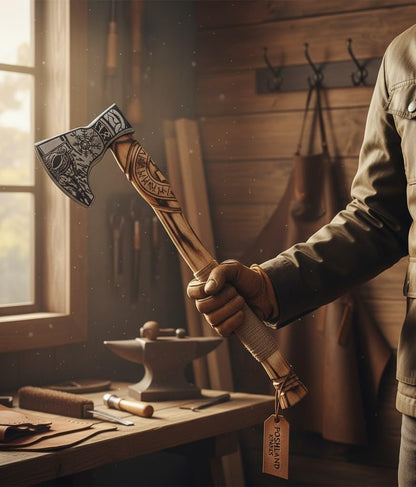 Poshland AX-7000 Custom Gift Forged Carbon Steel Viking Axe with Rose Wood Shaft, Viking Bearded Camping Axe