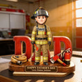 Firefighter Dad Personalized Wooden Plaque, Custom Name Father Gift, Fireman Figurine Desk Decor, Fathers Day Keepsake from Kids, 2 Layer Wooden Stand Gift for Dad, Papa, Grandpa