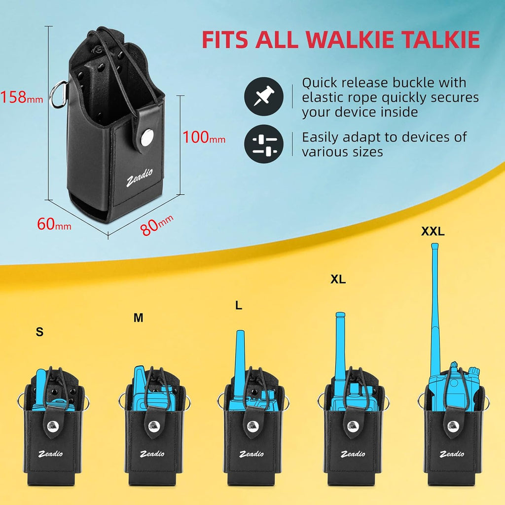 Zeadio Leather Universal Radio Holster, Heavy Duty Radio Pouch Holder with Anti-Sway Radio Strap for Kenwood Motorola Baofeng Two Way Walkie Talkies, Pack of 1