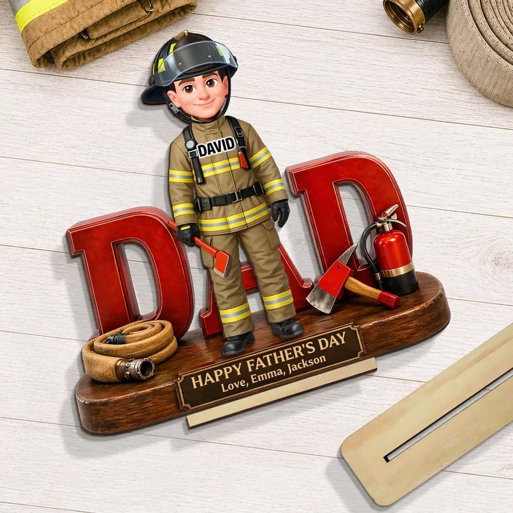 Firefighter Dad Personalized Wooden Plaque, Custom Name Father Gift, Fireman Figurine Desk Decor, Fathers Day Keepsake from Kids, 2 Layer Wooden Stand Gift for Dad, Papa, Grandpa