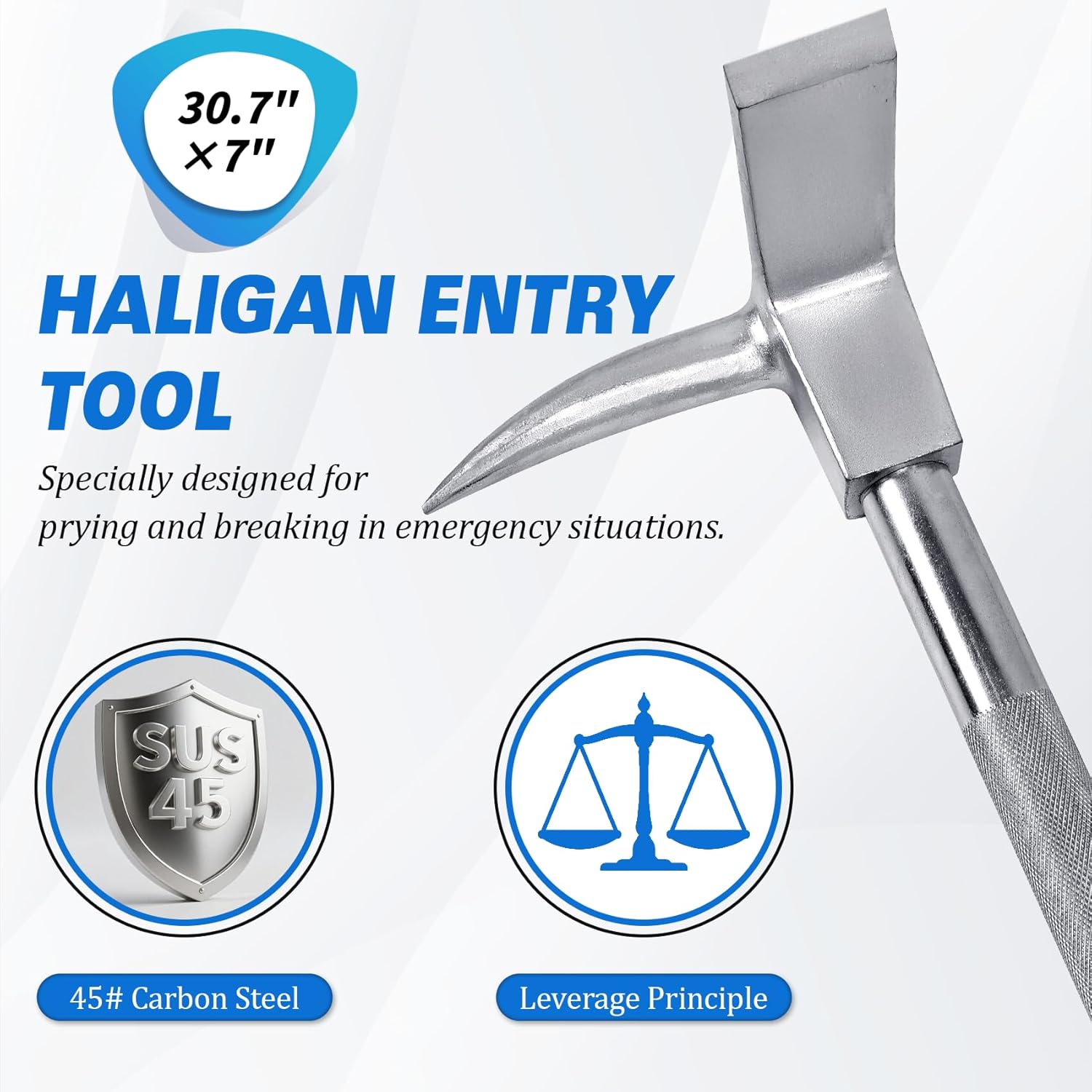 30" Halligan Tool, Breaching Tools for Emergencies, 45 Gauge Steel Forged Halligan Bar, Modern Rescue Firefighter Halliganar