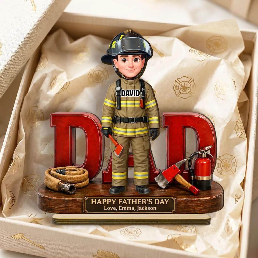 Firefighter Dad Personalized Wooden Plaque, Custom Name Father Gift, Fireman Figurine Desk Decor, Fathers Day Keepsake from Kids, 2 Layer Wooden Stand Gift for Dad, Papa, Grandpa