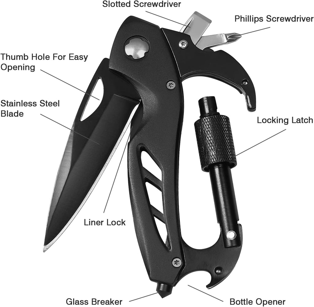 FUNBRO Multitool Carabiner with Pocket Knife, Stocking Stuffers Gifts for Men, EDC Carabiners with Folding Knives, Bottle Opener, Window Breaker and Screwdriver, Survival Gear for Camping Hiking