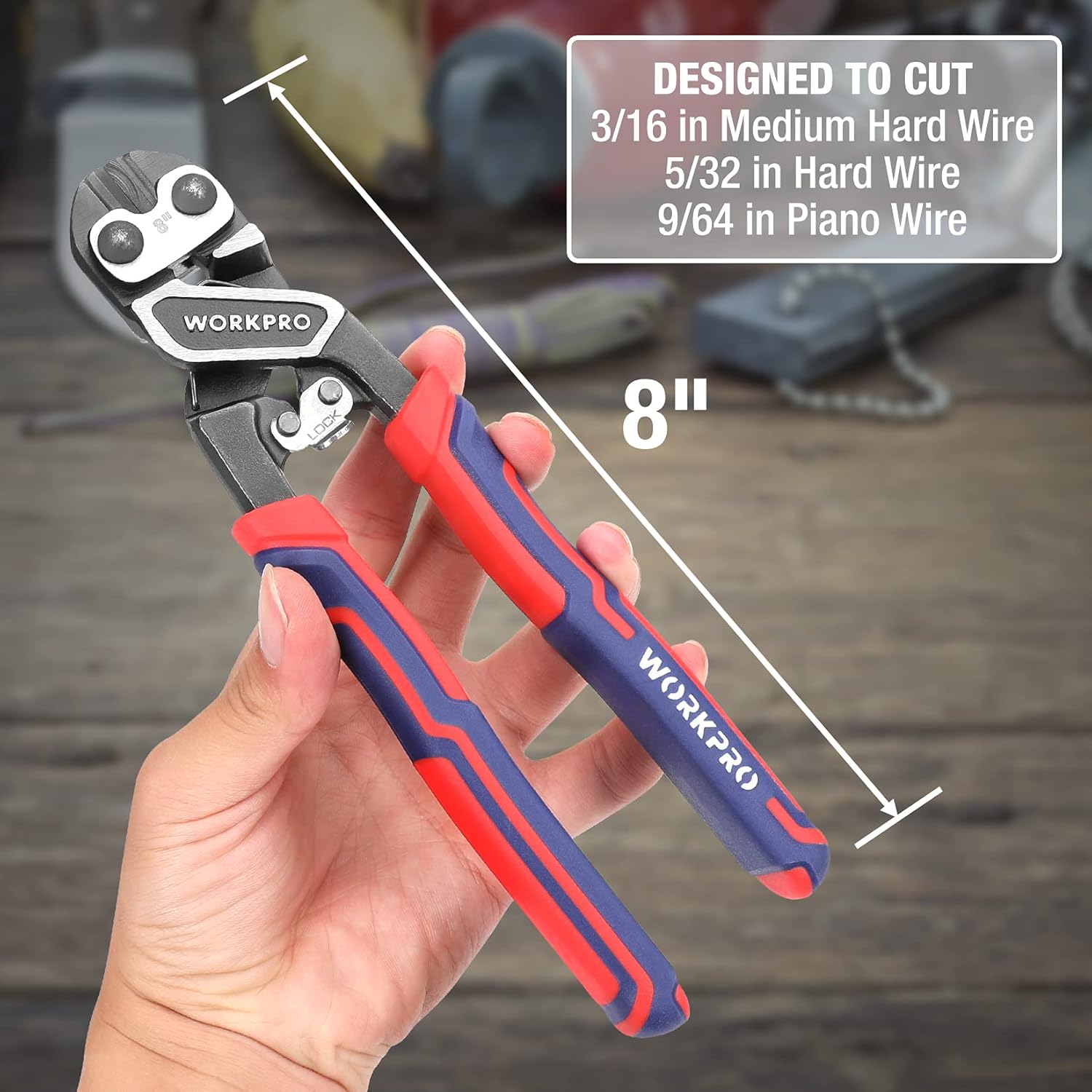 WORKPRO 8" Mini Bolt Cutter, Heavy Duty Wire Cutters with Ergonomic Handle and Security Lock, High Hardness and High Leverage Steel Bolt Cutters, Chrome Molybdenum Steel Blade