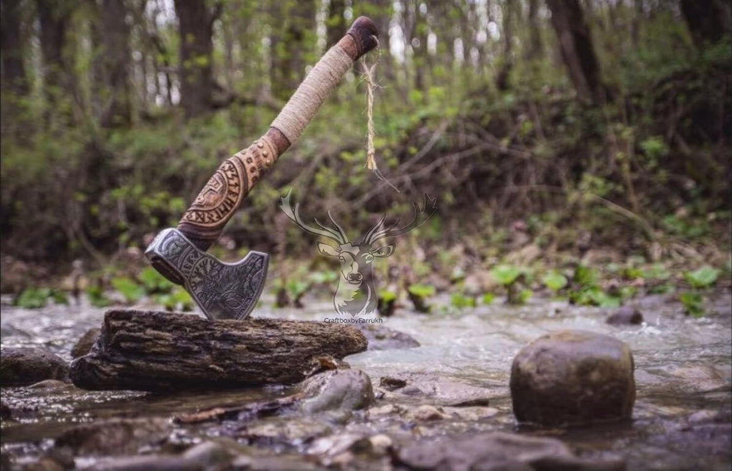 Poshland AX-7000 Custom Gift Forged Carbon Steel Viking Axe with Rose Wood Shaft, Viking Bearded Camping Axe