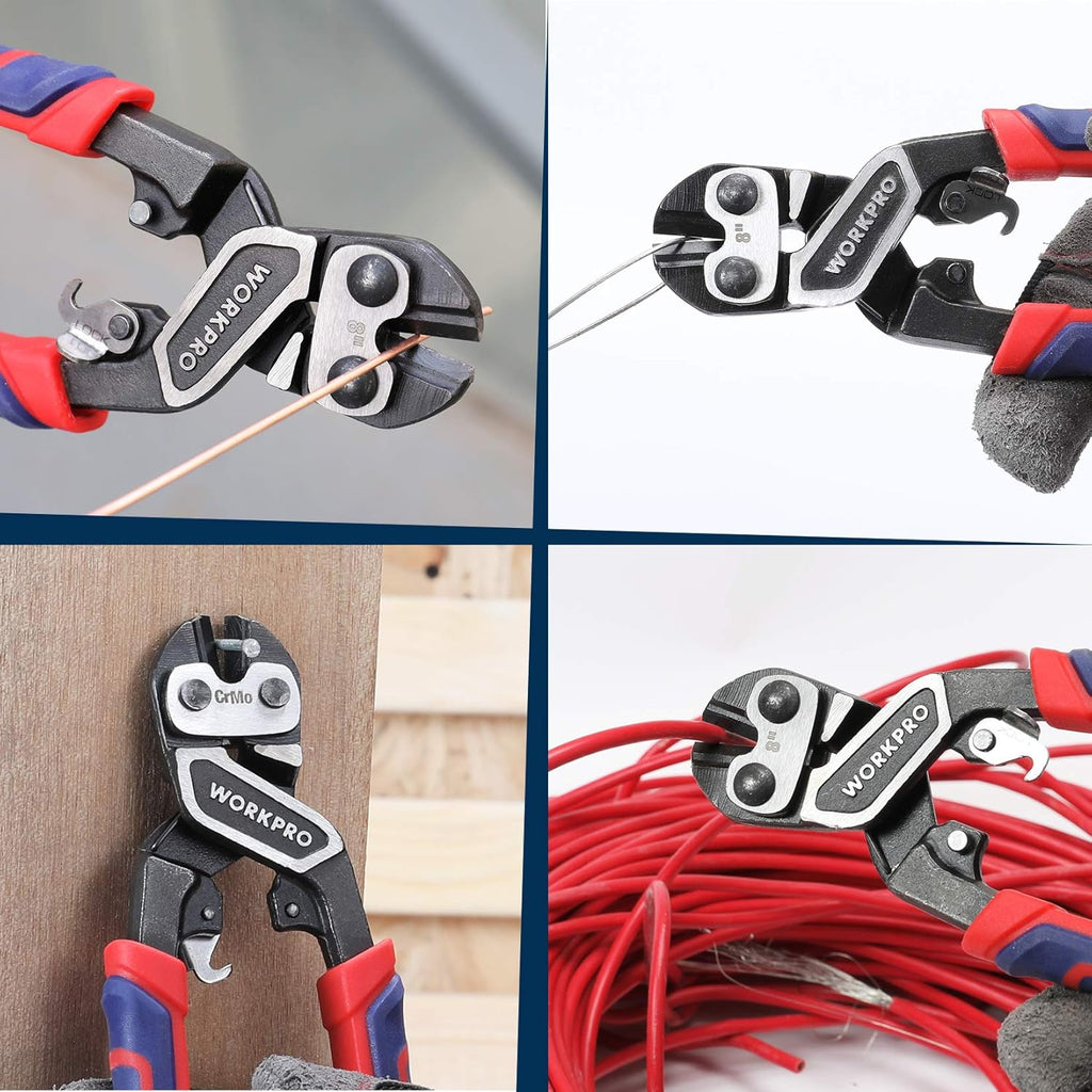 WORKPRO 8" Mini Bolt Cutter, Heavy Duty Wire Cutters with Ergonomic Handle and Security Lock, High Hardness and High Leverage Steel Bolt Cutters, Chrome Molybdenum Steel Blade