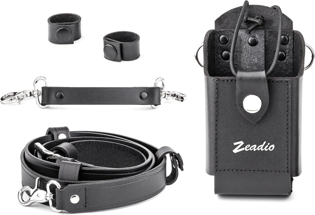 Zeadio Leather Universal Radio Holster, Heavy Duty Radio Pouch Holder with Anti-Sway Radio Strap for Kenwood Motorola Baofeng Two Way Walkie Talkies, Pack of 1