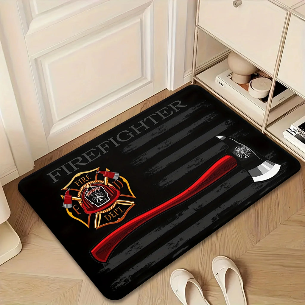 Firefighter Doormat Black Wood Grain Flannel Rug, Fire Department Emblem Non-Slip Machine Washable Door Carpet for Decor