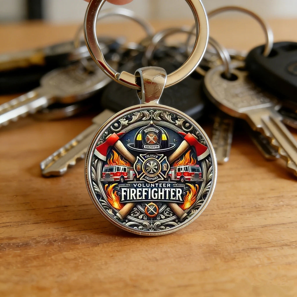 Volunteer Firefighter Keychain Vintage Fire Axe Truck Flame hatchet design Gift for Firefighter Fireman Family Friend Souvenir