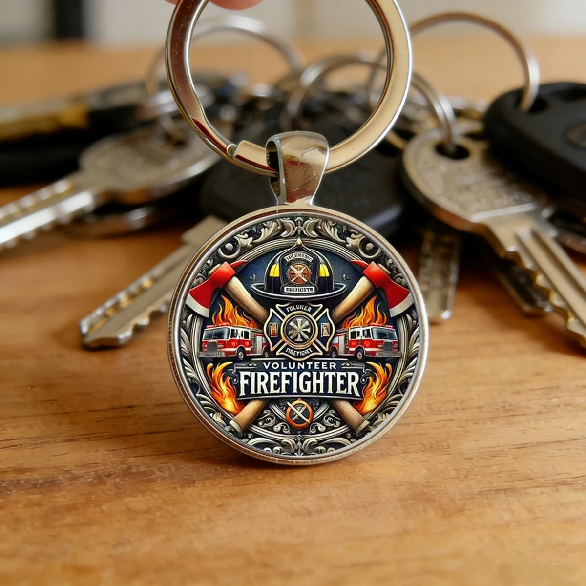 Volunteer Firefighter Keychain Vintage Fire Axe Truck Flame hatchet design Gift for Firefighter Fireman Family Friend Souvenir