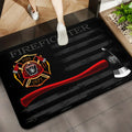 Firefighter Doormat Black Wood Grain Flannel Rug, Fire Department Emblem Non-Slip Machine Washable Door Carpet for Decor