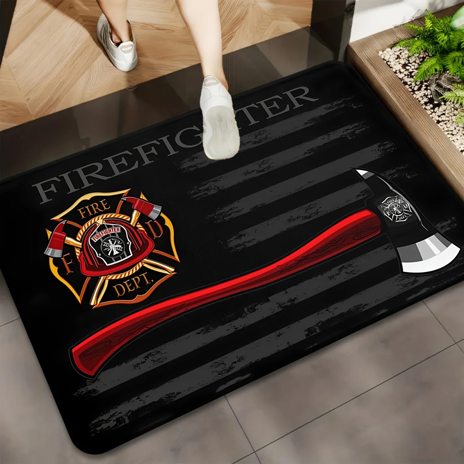Firefighter Doormat Black Wood Grain Flannel Rug, Fire Department Emblem Non-Slip Machine Washable Door Carpet for Decor