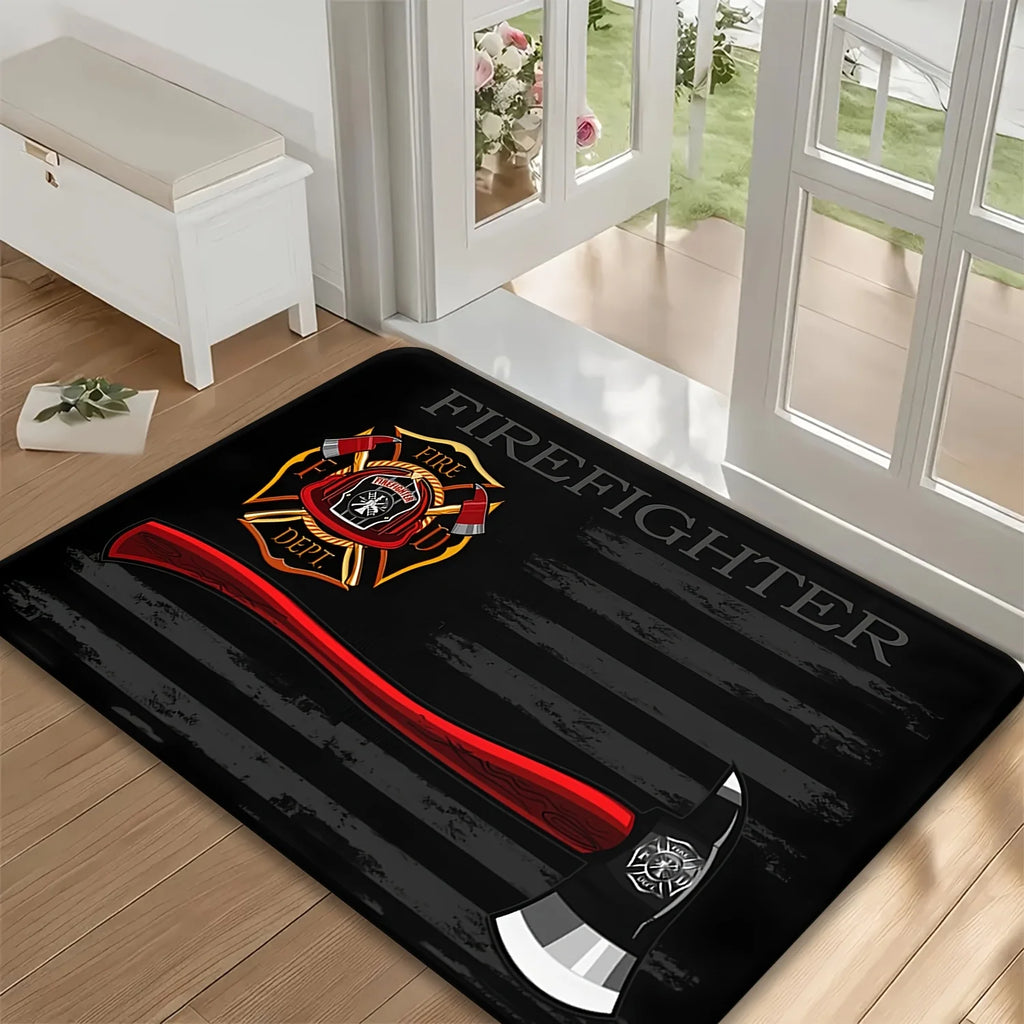 Firefighter Doormat Black Wood Grain Flannel Rug, Fire Department Emblem Non-Slip Machine Washable Door Carpet for Decor
