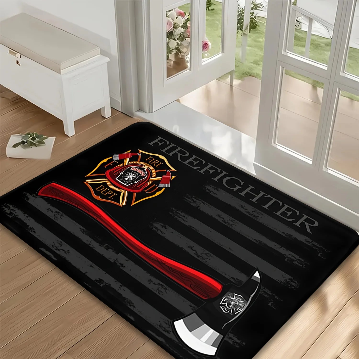 Firefighter Doormat Black Wood Grain Flannel Rug, Fire Department Emblem Non-Slip Machine Washable Door Carpet for Decor